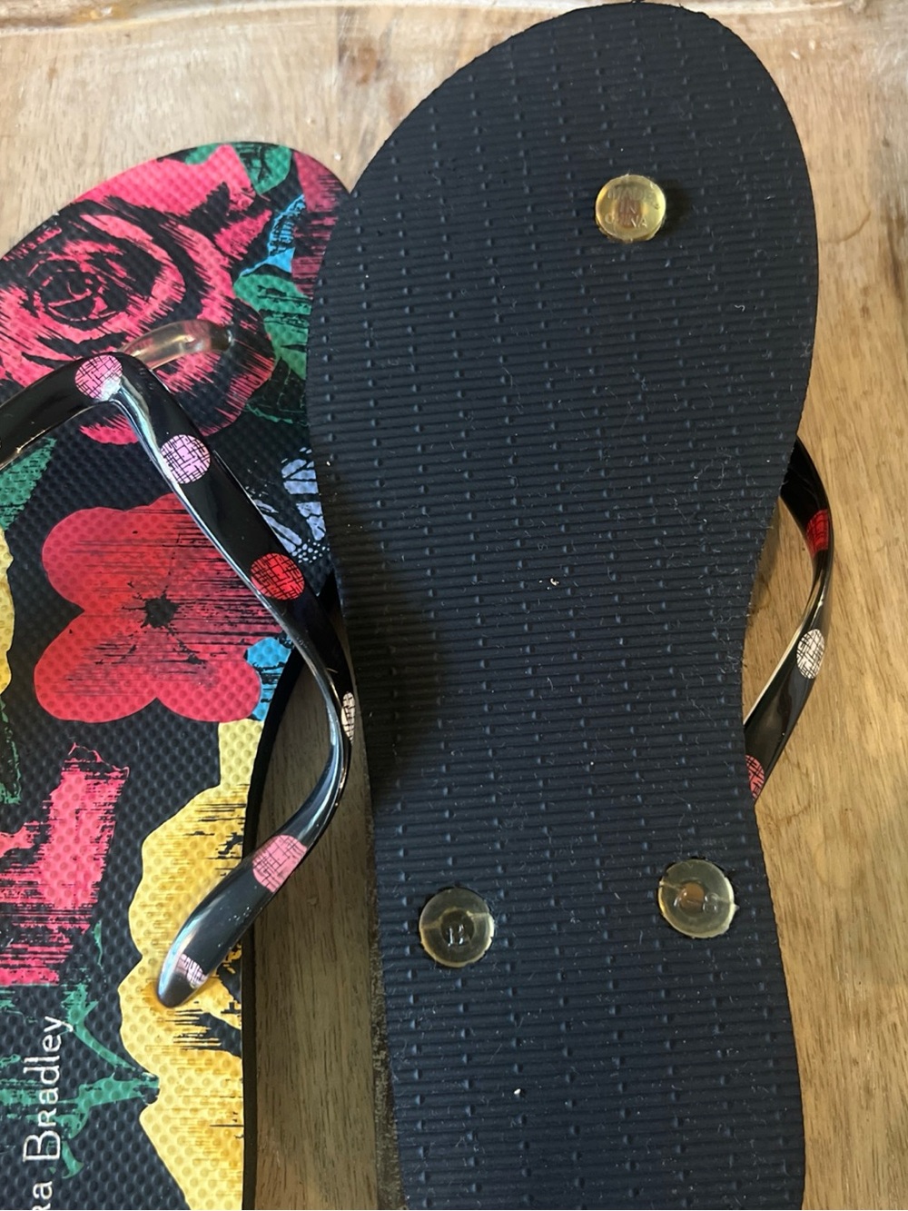 Vera Bradley Black Floral Print Flip Flops with Multicolor Roses - Picture 7 of 7
